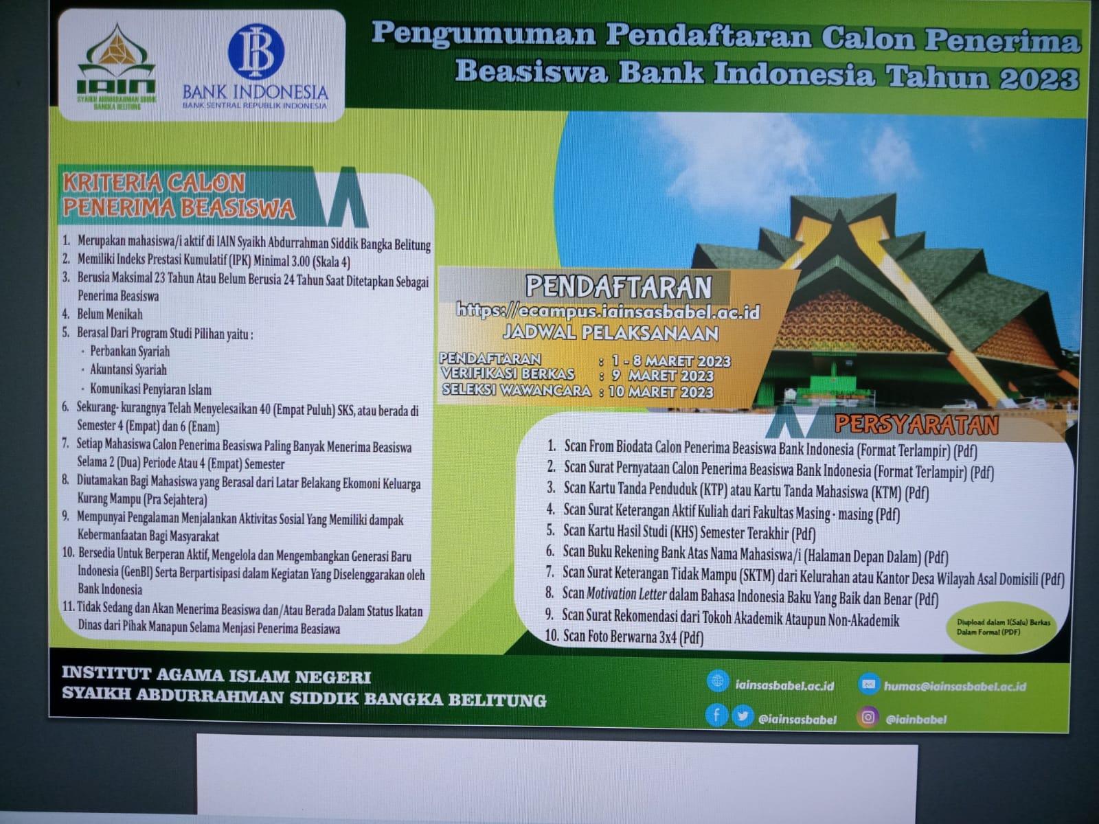 Bank Indonesia Kembali Berikan Beasiswa untuk Mahasiswa IAIN SAS Bangka Belitung, Persyaratan dan Jadwal Pendaftaran