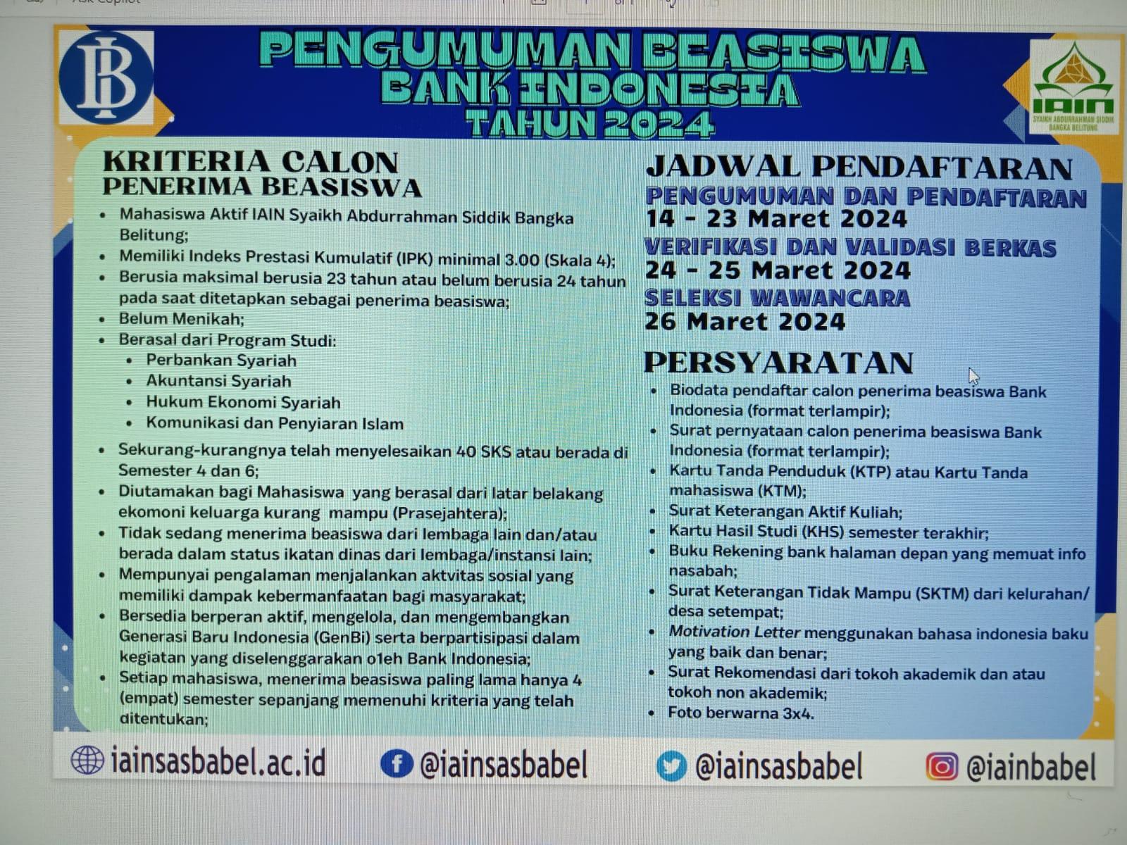 Bank Indonesia Kembali Berikan Beasiswa untuk Mahasiswa IAIN SAS Babel, Persyaratan dan Jadwal Pendaftaran
