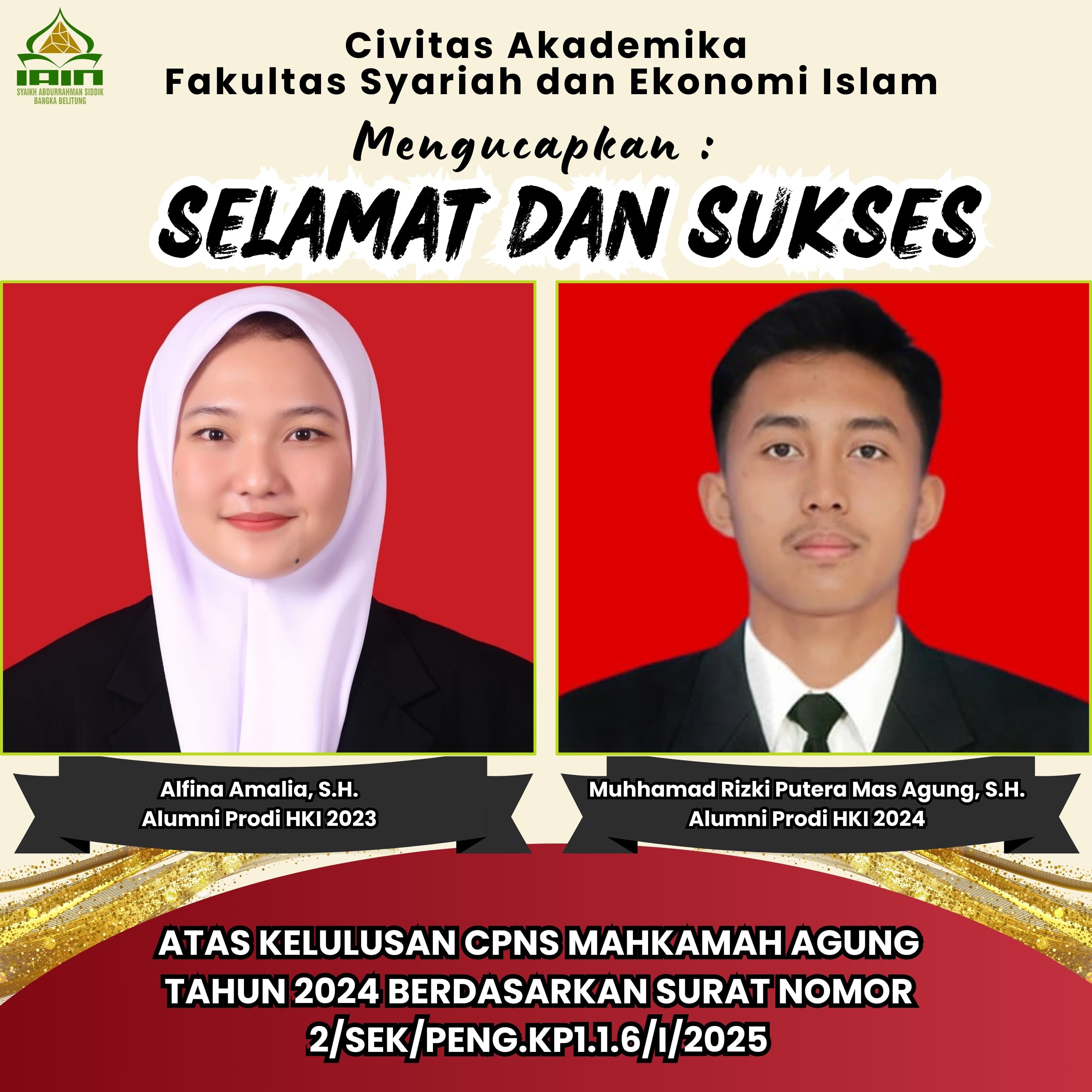 Dua Alumni Prodi HKI FSEI IAIN SAS Babel Lolos CPNS Analis Perkara Peradilan Mahkamah Agung RI