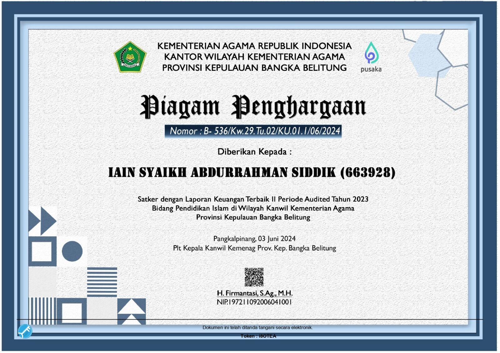 IAIN SAS Bangka Belitung Raih Penghargaan Penyusun Laporan Keuangan Terbaik II Tahun 2023