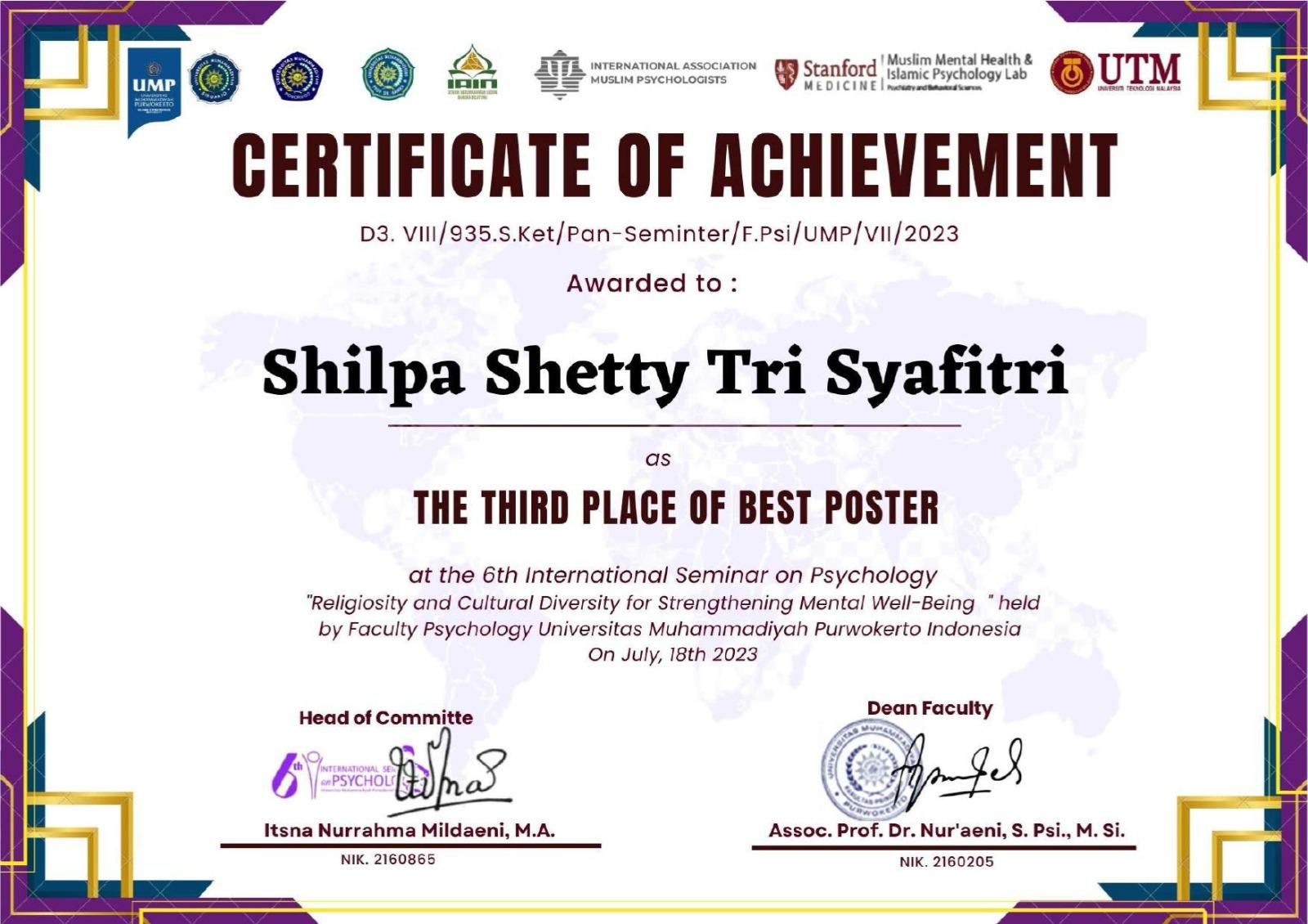 Mahasiswa Prodi Psikologi Islam raih 3rd Place for The Best Poster Presentation di 6th International Seminar On Psychology 2023.