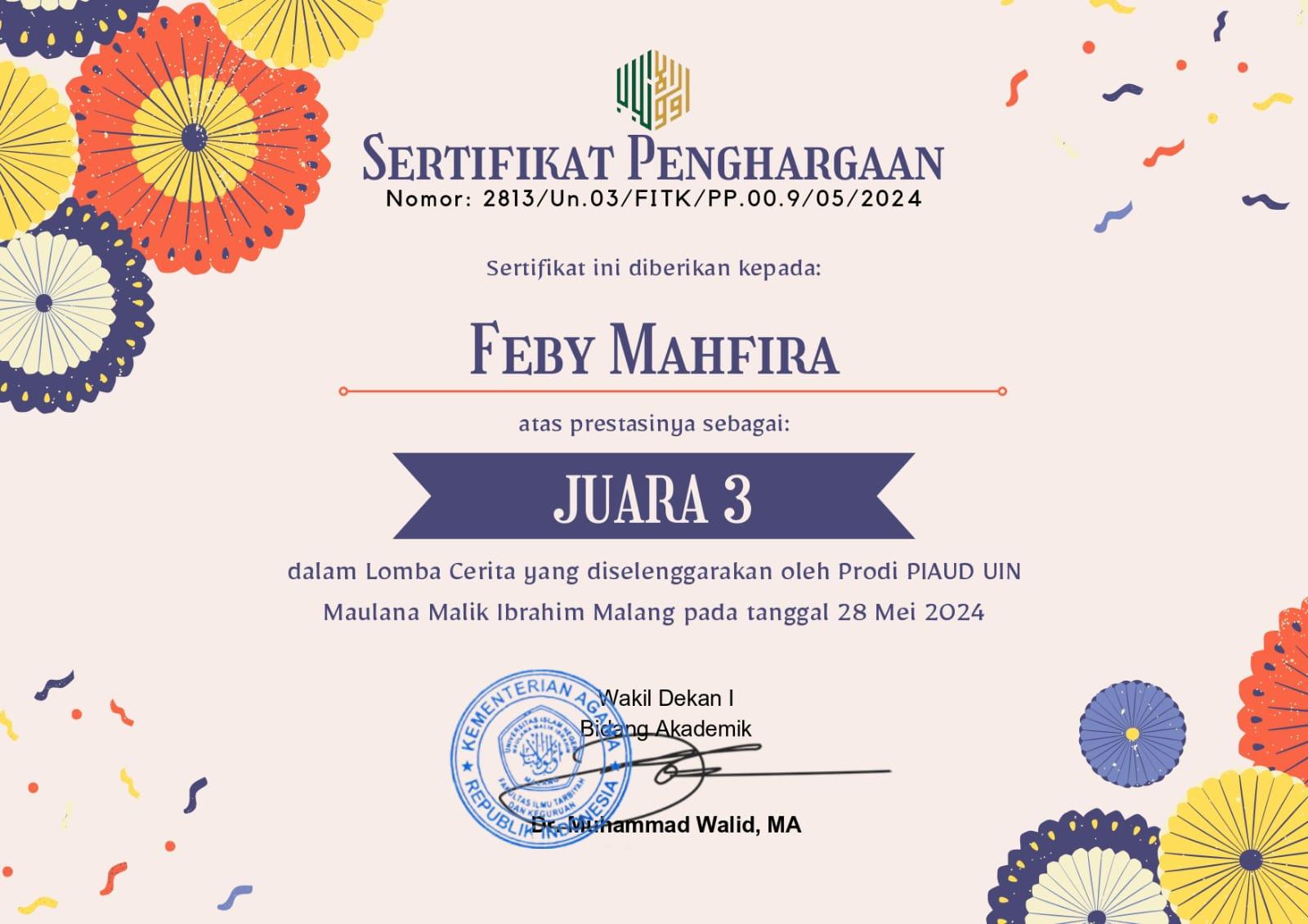 Feby Mahfira, Mahasiswi IAIN SAS Babel Raih Juara Lomba bercerita Tingkat Nasional