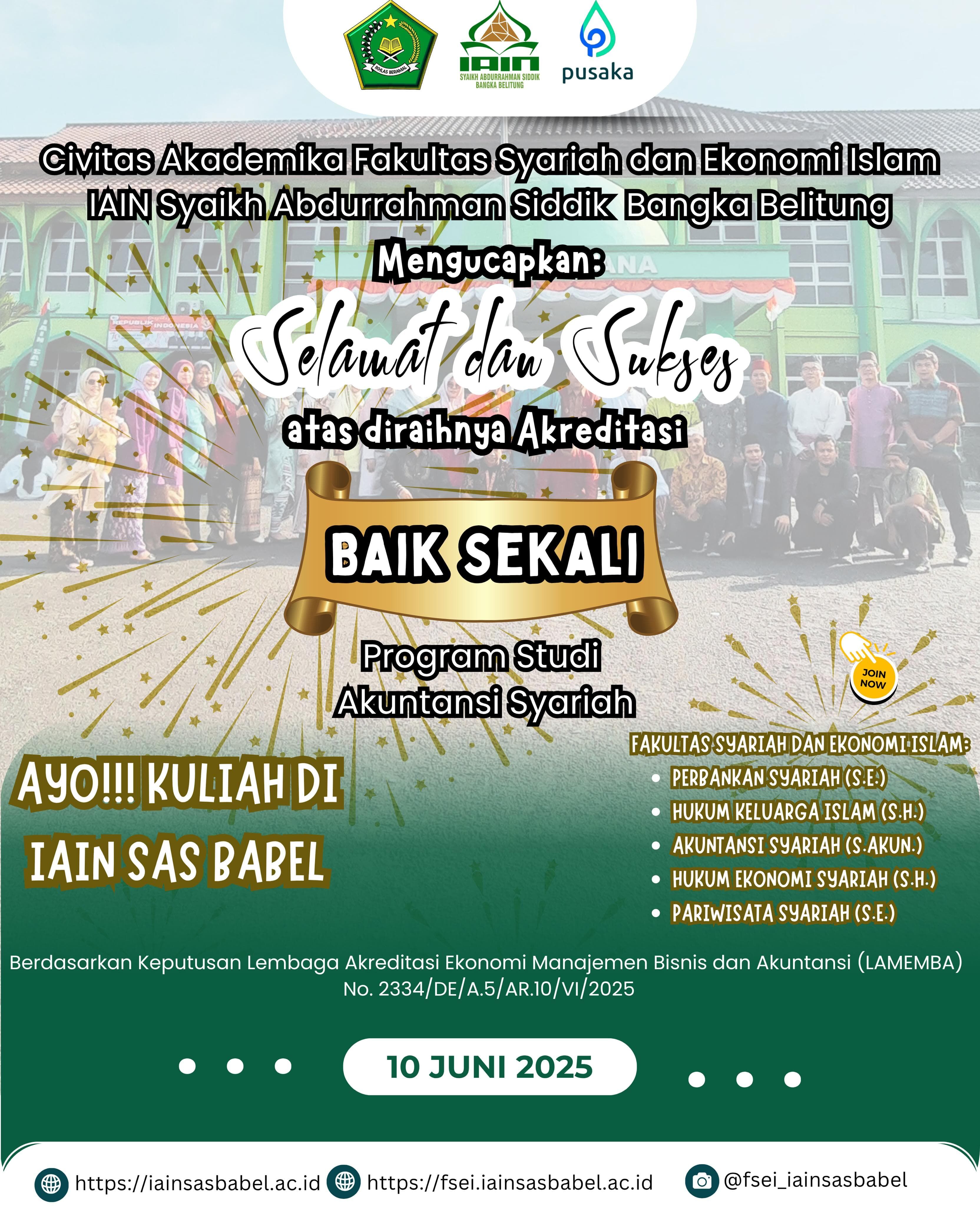 Prodi Akuntansi Syariah FSEI IAIN SAS Babel Raih Peringkat akreditasi “Baik Sekali” Dari LAMEMBA