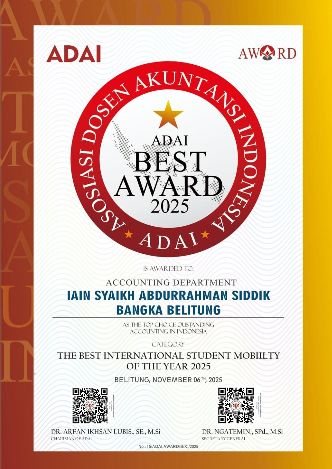 Prodi Akuntansi Syariah IAIN Syaikh Abdurrahman Siddik Babel Raih Penghargaan “The Best International Student Mobility” dari ADAI