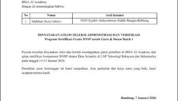 Dosen IAIN Bangka Belitung Raih Sertifikasi BNSP Bidang Data Scientist Usai Terapkan OBE