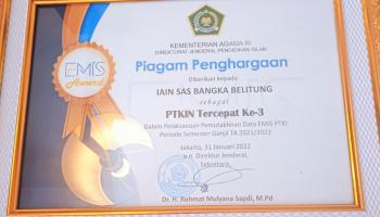 IAIN SAS Bangka Belitung Raih Penghargaan Pemutakhiran data EMIS PTKI Tercepat 3